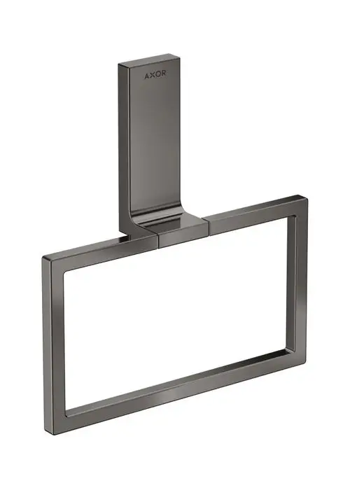 Schwarzer rechteckiger Handtuchring von AXOR mit polierter Oberfläche, an einer Wand montiert. Design mit klaren Linien und minimalistischer Form.